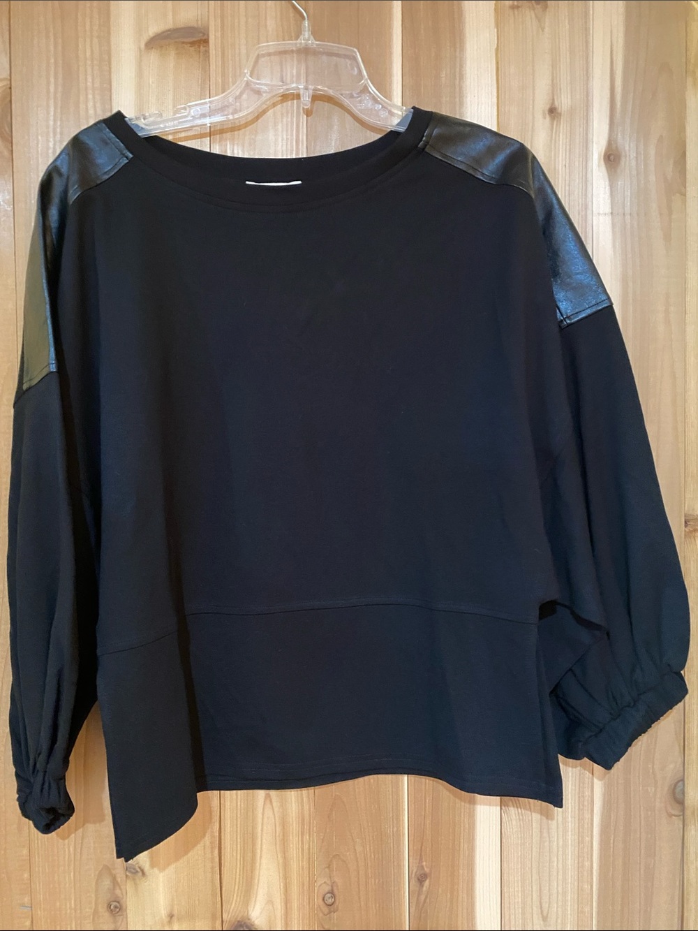 Black Leather-Trim Boxy Top